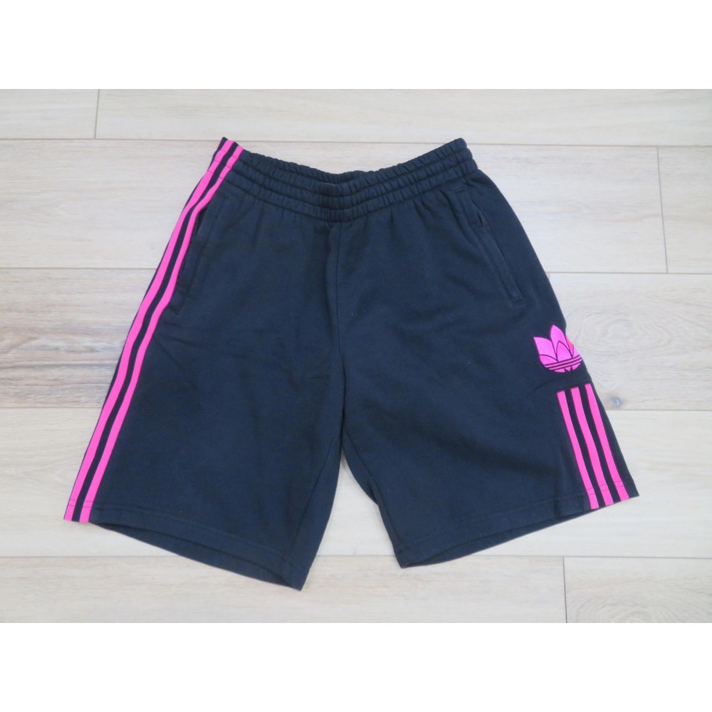 Adidas Sweat Shorts Mens Medium Black Pink 3D Trefoil 3 Stripe Gym Comfort
